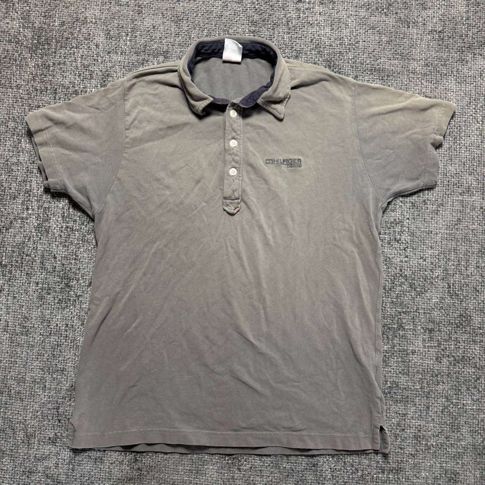 Tommy Hilfiger Denim Polo Shirt Mens Medium Grey Vintage 90s Faded Pique 0575‎